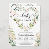 緑のフローラハートリースホワイトローズベビー 招待状 (正面/裏面)