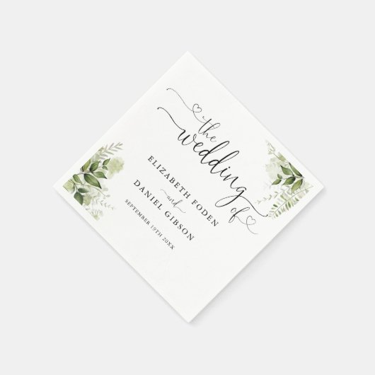 緑のフローラハート結婚スクリプト スタンダードカクテルナプキン (角)