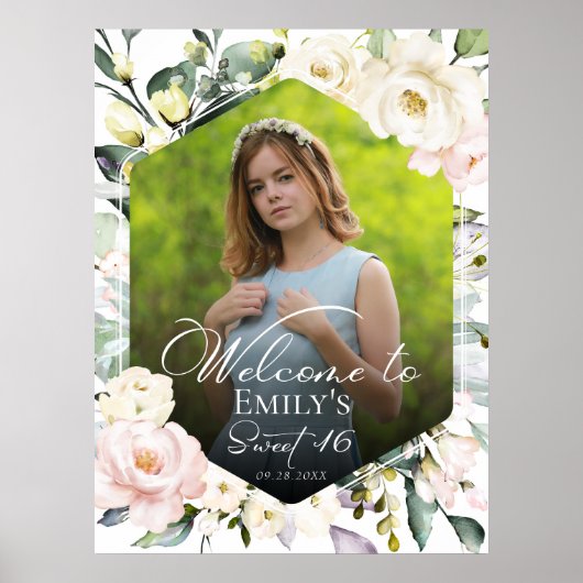 緑のフローラフレーム写真甘い16ウェルカムサイン ポスター (正面)