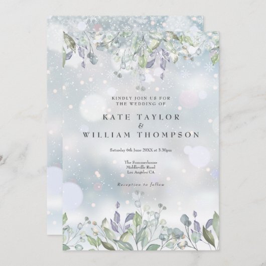 緑のフローラフローラセージ薄紫冬の結婚式 招待状 (正面/裏面)