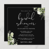 緑のフローラブライダルシャワー白黒 招待状 (正面/裏面)