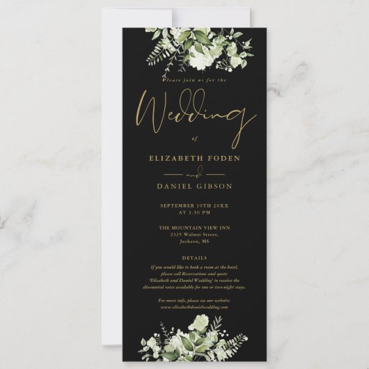 緑のフローラブラックと金ゴールドの詳細ウェディング 招待状 (正面)