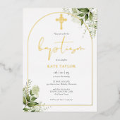 緑のフローラモノグラムバプテスムアーチ金ゴールド 箔招待状 (正面)