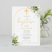 緑のフローラモノグラムバプテスムアーチ金ゴールド 箔招待状 (立ち正面)