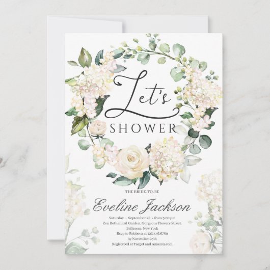 緑のフローラリースホワイトローズ金ゴールド幾何学的 招待状 (正面)