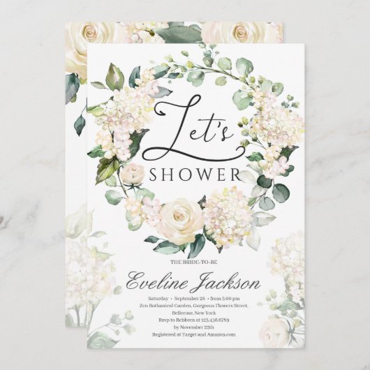 緑のフローラリースホワイトローズ金ゴールド幾何学的 招待状 (正面/裏面)