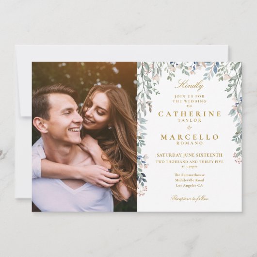緑のフローラワイルドフラワーカスケードフォト結婚ズ 招待状 (正面)