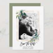 緑のフローラ写真の結婚式は日付カードを保存 サンキューカード (正面/裏面)