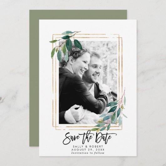 緑のフローラ写真の結婚式は日付カードを保存 サンキューカード (正面/裏面)