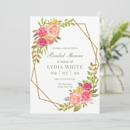 緑のフローラ幾何学的ブライダルシャワーパーティー 招待状 (スタンド正面)