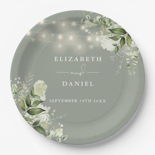 緑のフローラ文字列ライトセージグリーン結婚ズ ペーパープレート (正面)