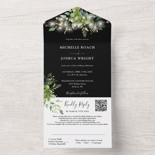 緑のフローラ文字列ライトQRコー結婚ド オールインワン招待状 (内側)