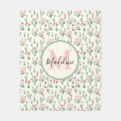 緑のフローラ植物花ピンクモノグラム フリースブランケット (正面)