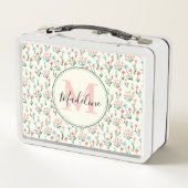 緑のフローラ植物花ピンクモノグラム メタルランチボックス (裏面)