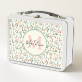 緑のフローラ植物花ピンクモノグラム メタルランチボックス (正面)