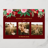 緑のフローラ水色クリスマス3枚の写真レッド 箔シーズンカード (正面)