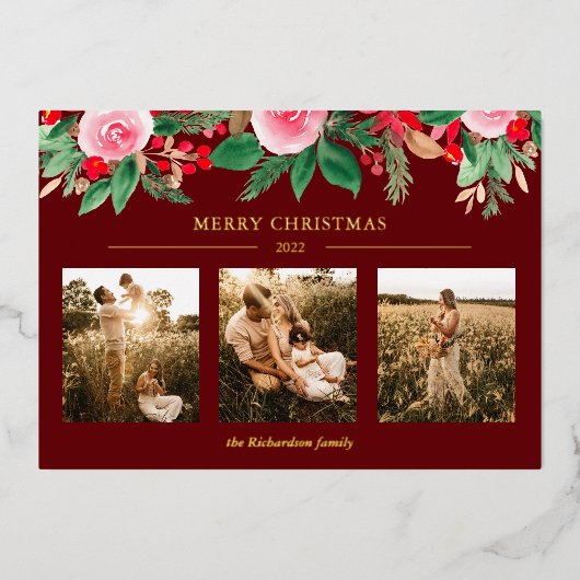 緑のフローラ水色クリスマス3枚の写真レッド 箔シーズンカード (正面)