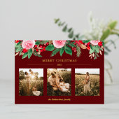 緑のフローラ水色クリスマス3枚の写真レッド 箔シーズンカード (立ち正面)