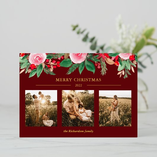 緑のフローラ水色クリスマス3枚の写真レッド 箔シーズンカード (立ち正面)