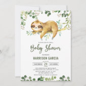 緑のフローラ男の子かわいいナマケモノ赤ちゃんシャワー 招待状 (正面)