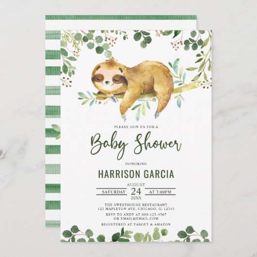緑のフローラ男の子かわいいナマケモノ赤ちゃんシャワー 招待状 (正面/裏面)