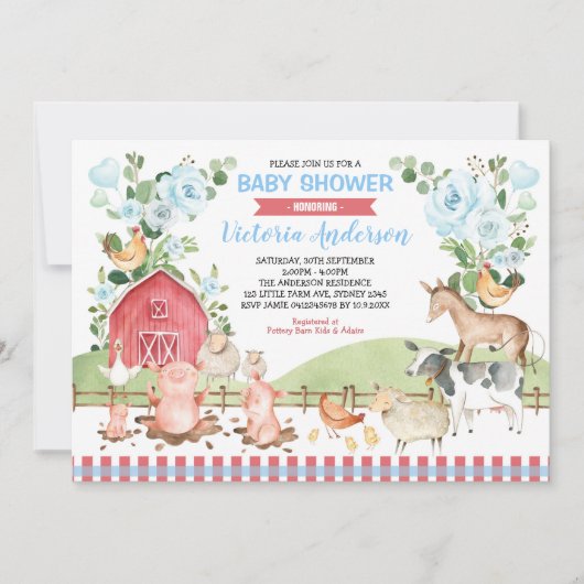 緑のフローラ納屋周囲の庭農業動物ベビーシャワー 招待状 (正面)