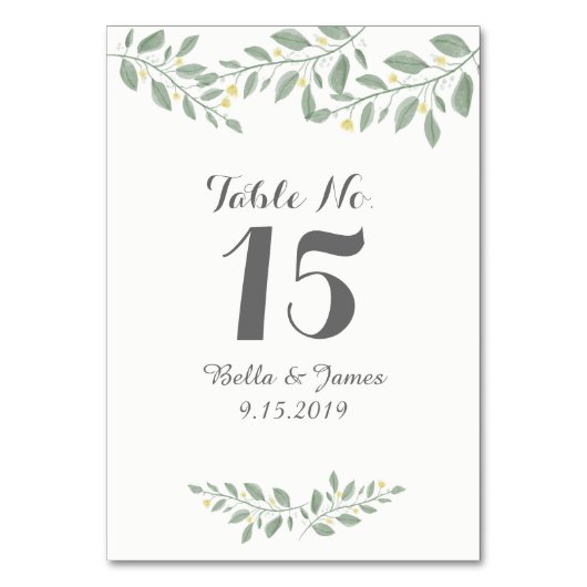 緑のフローラ結婚のテーブルカード テーブルナンバー (正面)