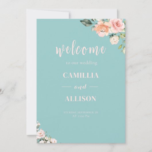 緑のフローラ結婚ピンクの歓迎サイン 招待状 (正面)