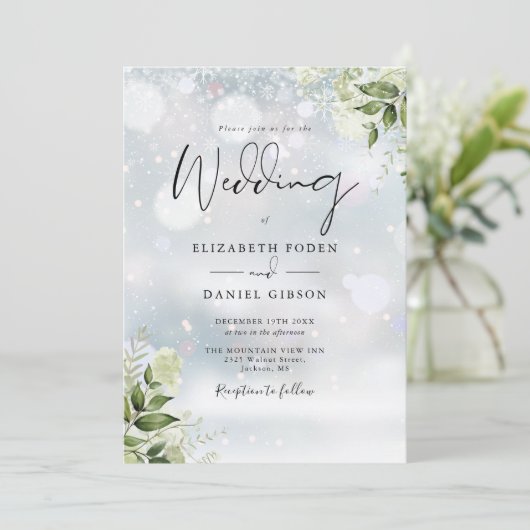 緑のフローラ雪の結晶フォトウィンターウェディング 招待状 (スタンド正面)