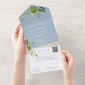 緑のフローラQRコードほこりっぽいブルー結婚ズ オールインワン招待状 (貼ってはがせる)