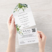緑のフローラQRコードモノグラム結婚ズ オールインワン招待状 (貼ってはがせる)