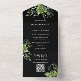 緑のフローラQRコード白黒結婚の オールインワン招待状