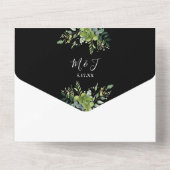 緑のフローラQRコード白黒結婚の オールインワン招待状 (裏面)