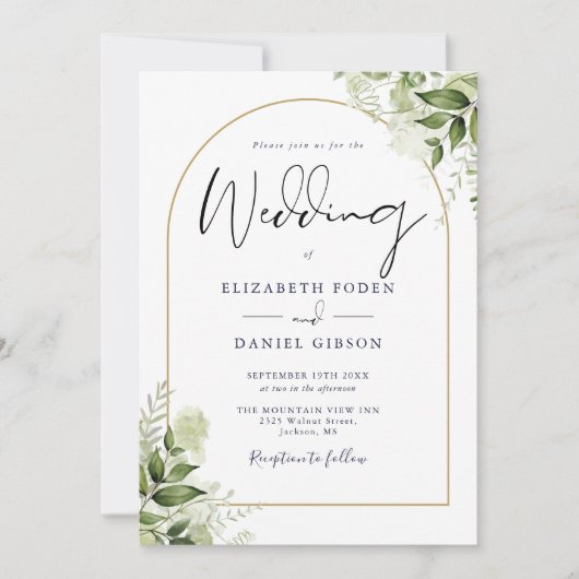 緑のフローラQRコード金ゴールドアー結婚チ 招待状 (正面)