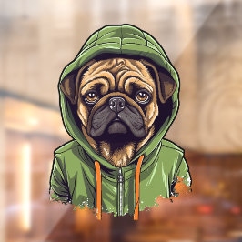 緑のフーディーを着たパグ犬 ウィンドウサイン