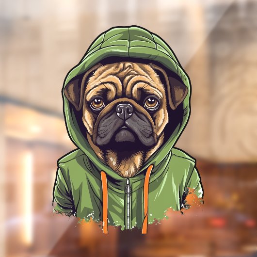 緑のフーディーを着たパグ犬 ウィンドウサイン (シート2)
