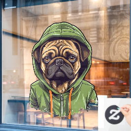 緑のフーディーを着たパグ犬 ウィンドウサイン