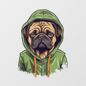緑のフーディーを着たパグ犬 ウィンドウサイン (シート)