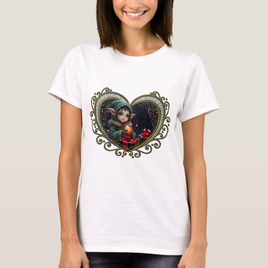 緑のフードコートを着たかわいいエルフの子供 Tシャツ (正面)