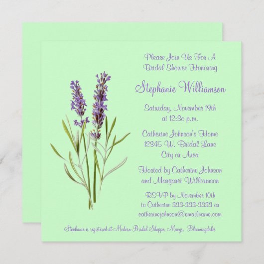緑のブライダルシャワーのかわいらしいラベンダーのハーブの小枝 招待状 (正面/裏面)