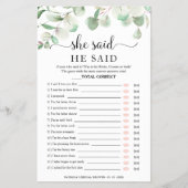 緑のブライダルシャワーの彼は彼女はゲームを言った チラシ (正面)