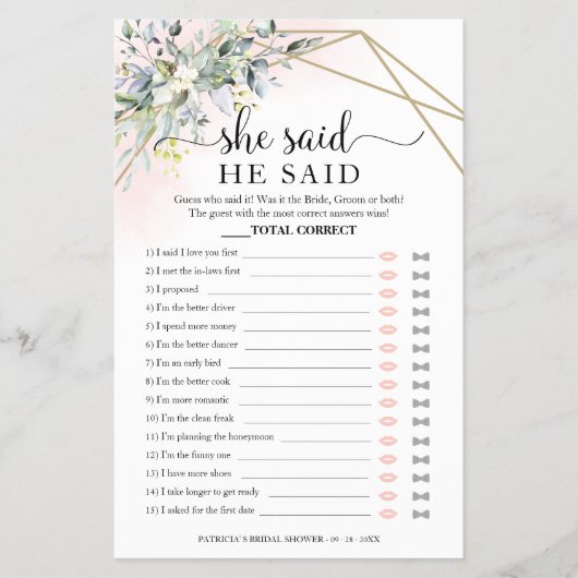 緑のブライダルシャワーの彼は彼女はゲームフライヤーと言った チラシ (正面)