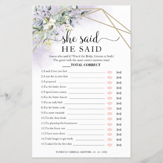 緑のブライダルシャワーの彼は彼女はゲームフライヤーと言った チラシ (正面)