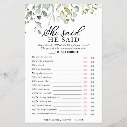 緑のブライダルシャワーの彼は彼女はゲームフライヤーと言った チラシ (正面)