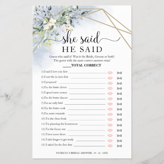 緑のブライダルシャワーの彼は彼女はゲームフライヤーと言った チラシ (正面)