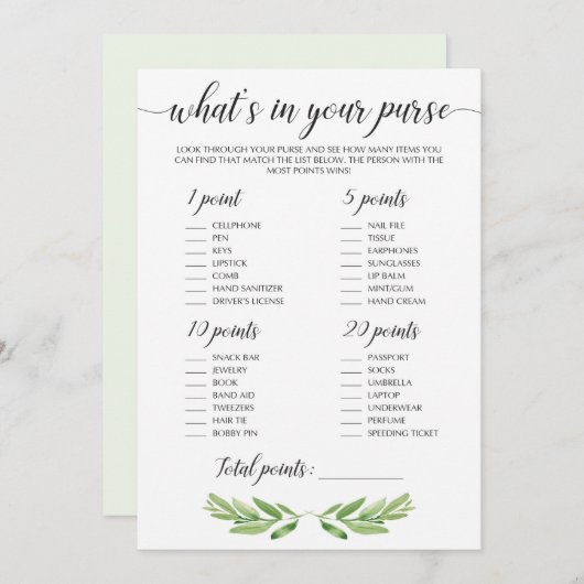 緑のブライダルシャワーアクティビティ財布RAIDゲーム (正面/裏面)