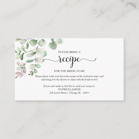 緑のブライダルシャワーレシピ要求 エンクロージャーカード (正面)