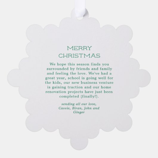 緑のブリザードのドット雪のフォトホリデークリスマス オーナメントカード (裏面)