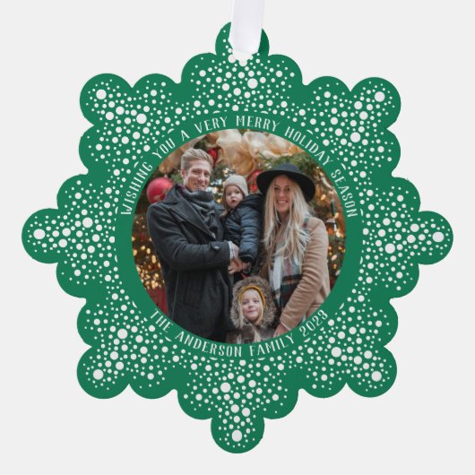 緑のブリザードのドット雪のフォトホリデークリスマス オーナメントカード (正面)