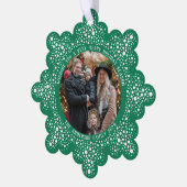 緑のブリザードのドット雪のフォトホリデークリスマス オーナメントカード (左)